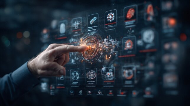 Futuristic interface, hand interacting with a complex digital screen displaying data