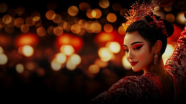 Elegant woman in red traditional Asian dress.