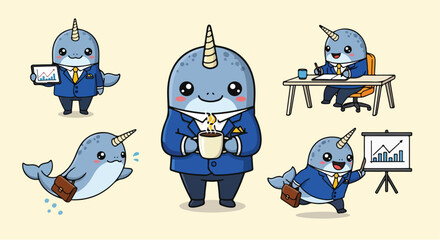 Cute narwhal business character set in various office poses. © Sri