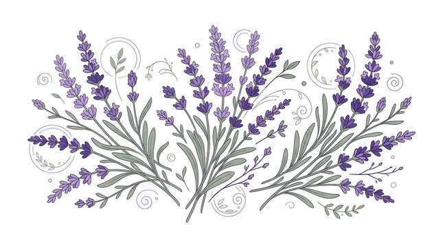 Beautiful lavender bouquet illustration with decorative swirl elements and isolated lavender stems