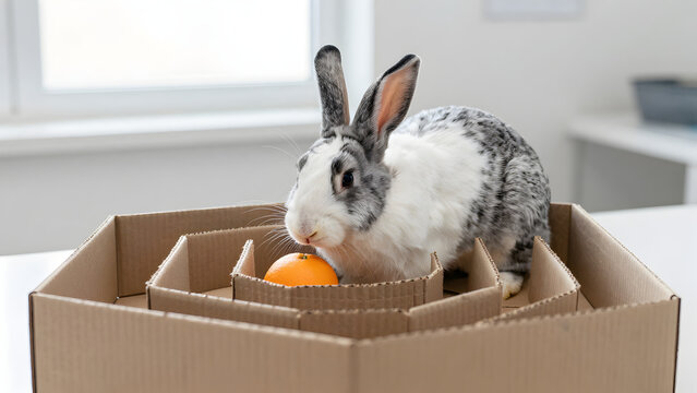 Rabbit eating orange in cardboard box indoors
