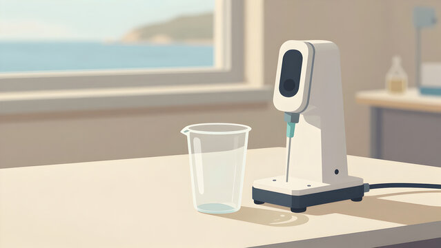 Coffee maker and glass on a table by a window view
