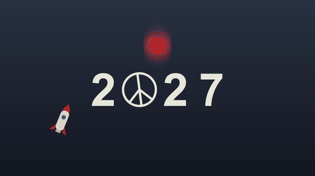 Peaceful future 2027 with blocked radiation button and toy rocket, preventing nuclear war