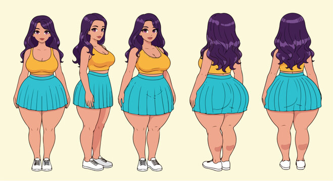 Plus size woman character turnaround sheet for animation.