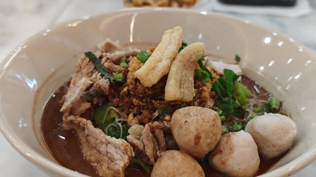 Boat noodles in a bowl