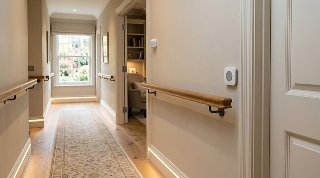 Well-lit residential hallway featuring wooden handrails mounted on walls, warm recessed floor strip lighting, patterned carpet runner, white doors, and a small smart sensor on the wall.