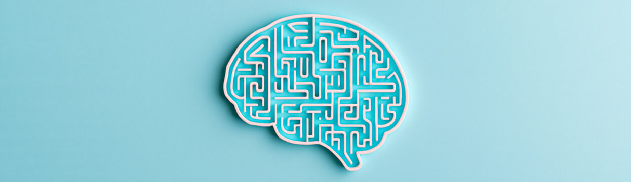 A maze shaped like a brain on a blue background symbolizes complex thinking, problem-solving, and cognitive challenges.