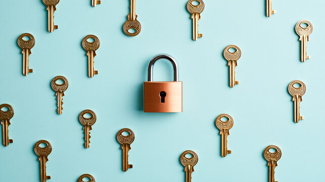A copper padlock surrounded by multiple brass keys on a light blue background.