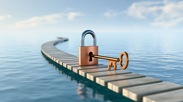 A wooden pathway stretches over calm water with a large padlock and key symbolizing security, access, and unlocking potential.