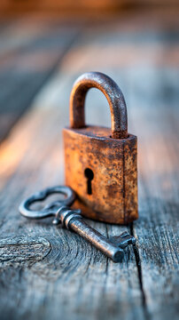 A close-up of a rusty antique padlock and vintage key resting on a weathered wooden surface.