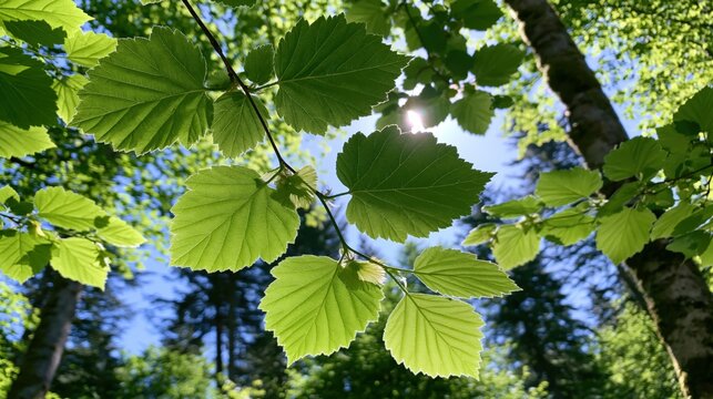 Sunlight filters through vibrant green leaves against a bright blue sky.