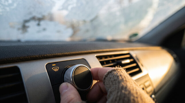 Closeup of a persons hand adjusting the car climate control knob to activate the windshield defroster on a cold winter morning