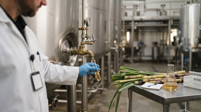 Scientist collecting a sample of sugarcane juice from a large industrial tank in a distillery for quality control analysis