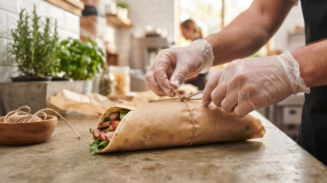 Closeup of a chef wearing gloves tying a brown paper wrapper around a fresh wrap with twine in a kitchen setting