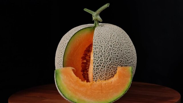 slice of japanese melons, orange melon or cantaloupe melon with seeds isolated a black background
