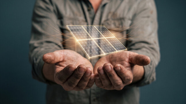 A person with dirty hands holding a glowing digital holographic solar panel, symbolizing sustainable energy and green technology
