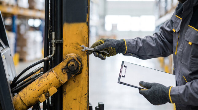 Warehouse worker in uniform holding a wrench and a clipboard while performing maintenance on a forklift in a distribution center