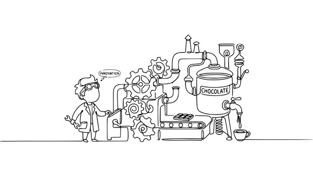 Cartoon Scientist and Chocolate Making Machine, Innovation Concept