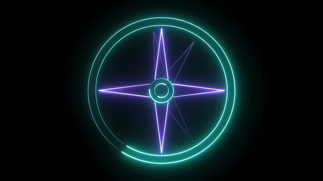 Neon glowing futuristic compass with directional arrows on dark background