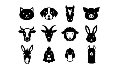 Naklejka premium Cute Domestic Animal Face Silhouette Icon Collection