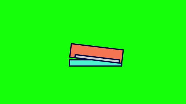 Flat vector illustration of a stylized office hole punch or paper punch tool with orange and teal colors on a bright green background for graphic design and animation projects.