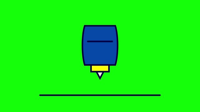 Minimalist vector graphic of a blue container with a yellow nozzle dripping a white liquid drop onto a dark horizontal line against a solid bright green background screen.