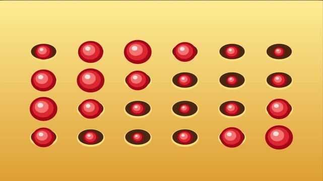 Abstract animation yellow cheese surface, translucent red spheres flying, motion graphic loop