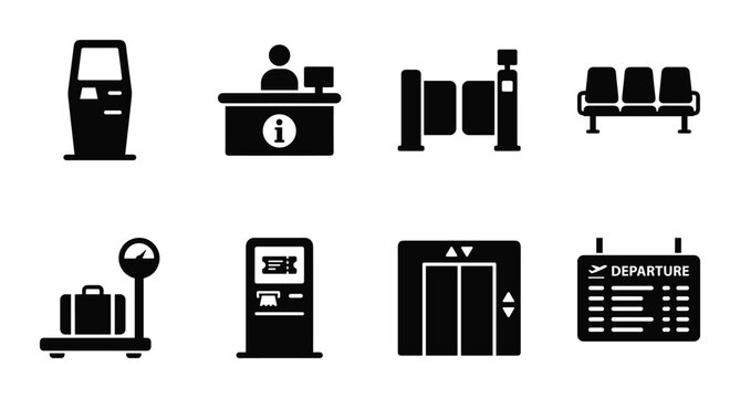 Airport check-in and security icons for passenger terminal services.