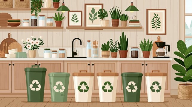 Several bins with recycling symbols stand on a kitchen counter with plants and jars.