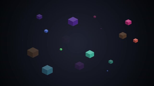 Abstract 3d animation colorful glass and plastic cubes floating and shrinking on dark background, motion graphic loop