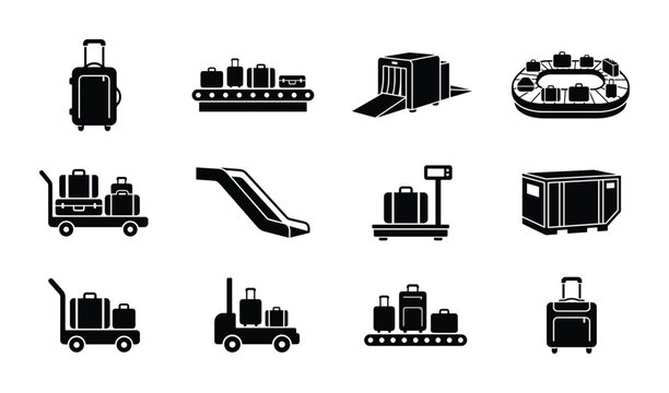 Airport baggage and luggage handling systems and transportation icons.