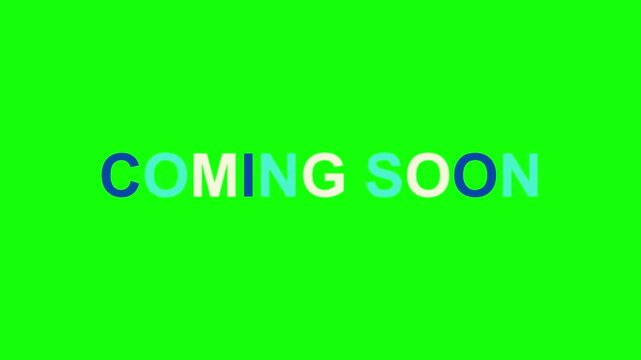 "COMING SOON" typographic design with multi-colored block lettering in blue, teal, and cream on a solid bright green screen background for video overlay and chroma keying.