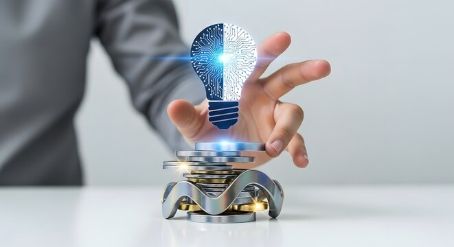 Businessman projecting digital lightbulb hologram as concept of business innovation and creative technology idea