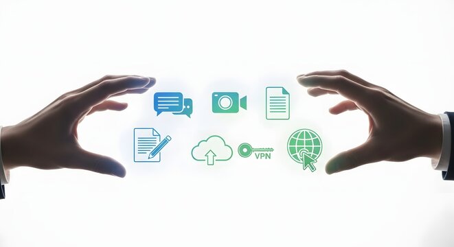 Hands reaching out to virtual technology icons depicting cloud computing, online security, VPN, and digital communication concept