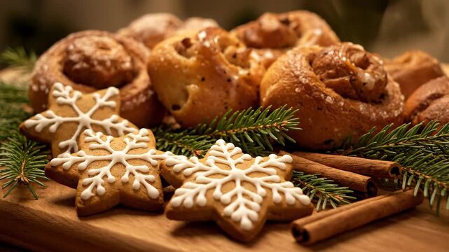 Holiday gingerbread cookies with snowflake icing and pine needles