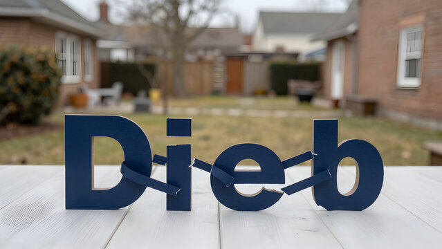 Wooden letters spelling Dieb on a white outdoor table