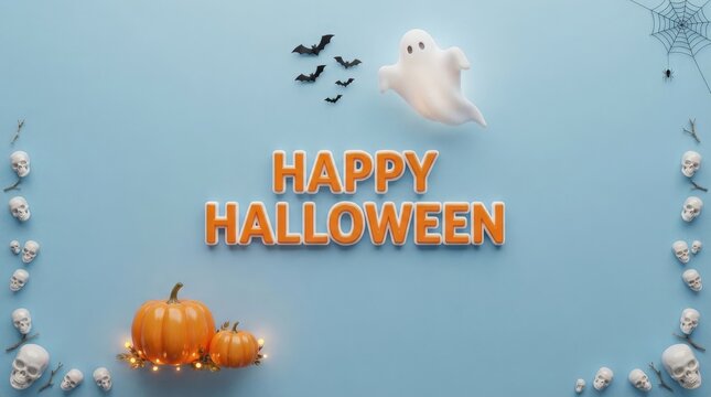 Happy halloween greeting with pumpkins and ghosts