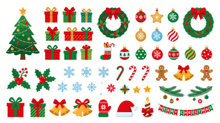 Fototapeta premium Set of colorful Christmas icons and design elements for holiday decoration.