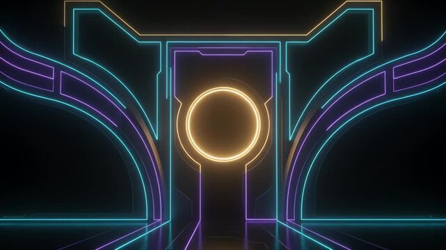 Neon glowing futuristic corridor with bright cyan lines and dark background