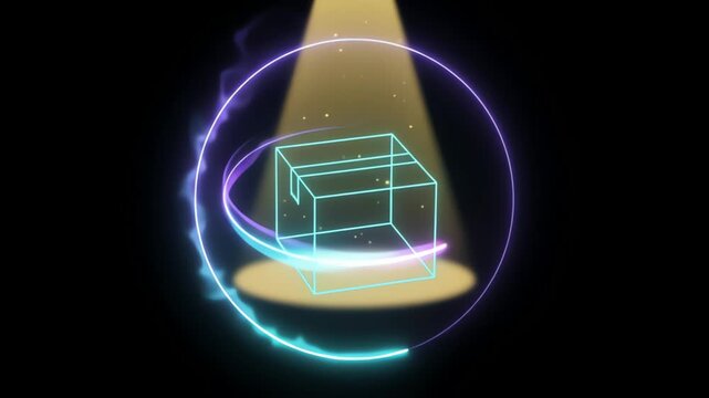 Modern futuristic cube letter f in glowing neon outline on dark background