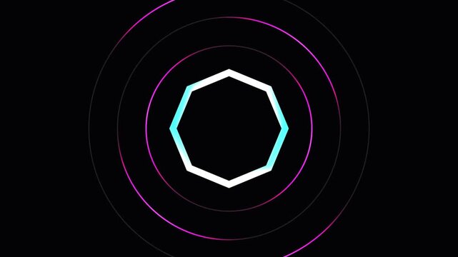 Geometric Neon Octagons Rotating Slowly in Dark with Pulsating Rings Abstract Technology Background
