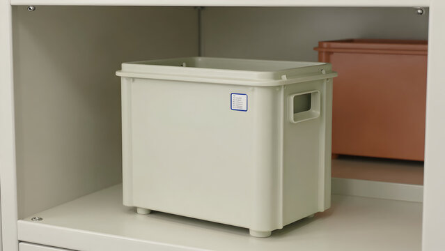 White storage bin inside a shelving unit