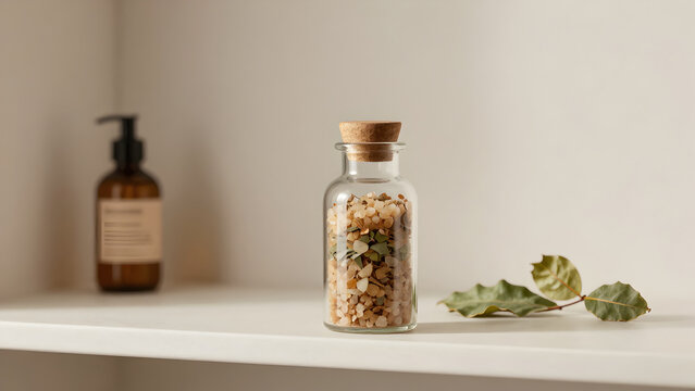 Jar of bath salts and dried botanicals on a white shelf