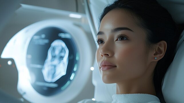 Woman undergoing futuristic medical brain scan.