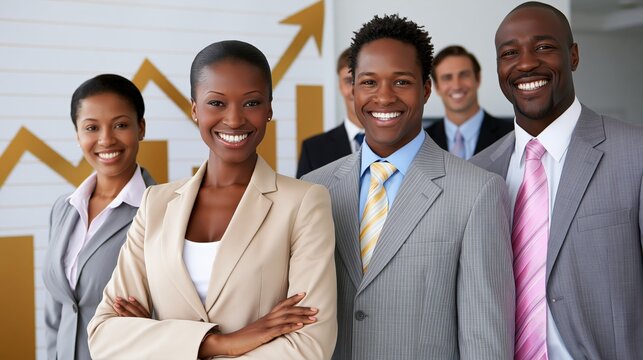 Diverse business professionals stand together smiling in an office environment.