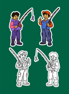 Fishermen Color and Line Art Illustration Set
