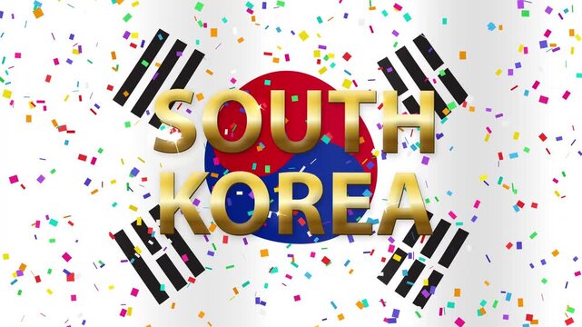 Waving South Korea Flag with Golden Text and Falling Confetti