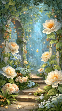 Pastel Enchanted Kingdom Background Enchanted Garden Pathway with Glowing Flowers Kawaii Fairytale Fantasy Wallpaper Dreamy Storybook Magical Landscape  