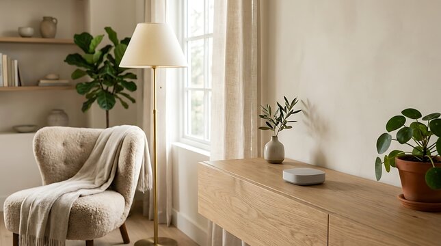 Cozy reading corner in a modern home with a round smart speaker on a wooden sideboard, an upholstered armchair with blanket, floor lamp, and a plant near a sunlit window.