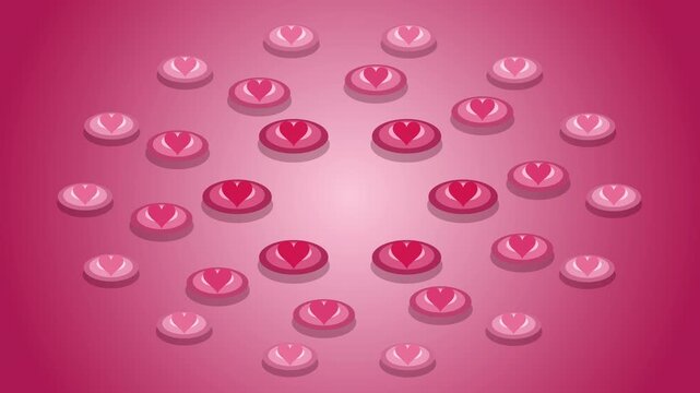 Abstract animated 3d valentine hearts on discs, growing and shrinking in pink gradient background loop